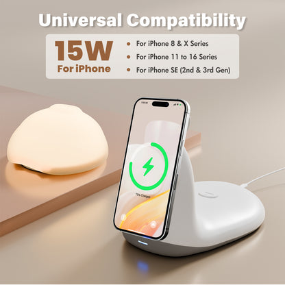 Wireless Charger, 15W Fast Charging Station with Light for iPhone 16e 16 15 14 13 12 Pro Max, Desktop Nightstand Snail-Shaped Detachable LED Lamp Bedside Cordless Light
