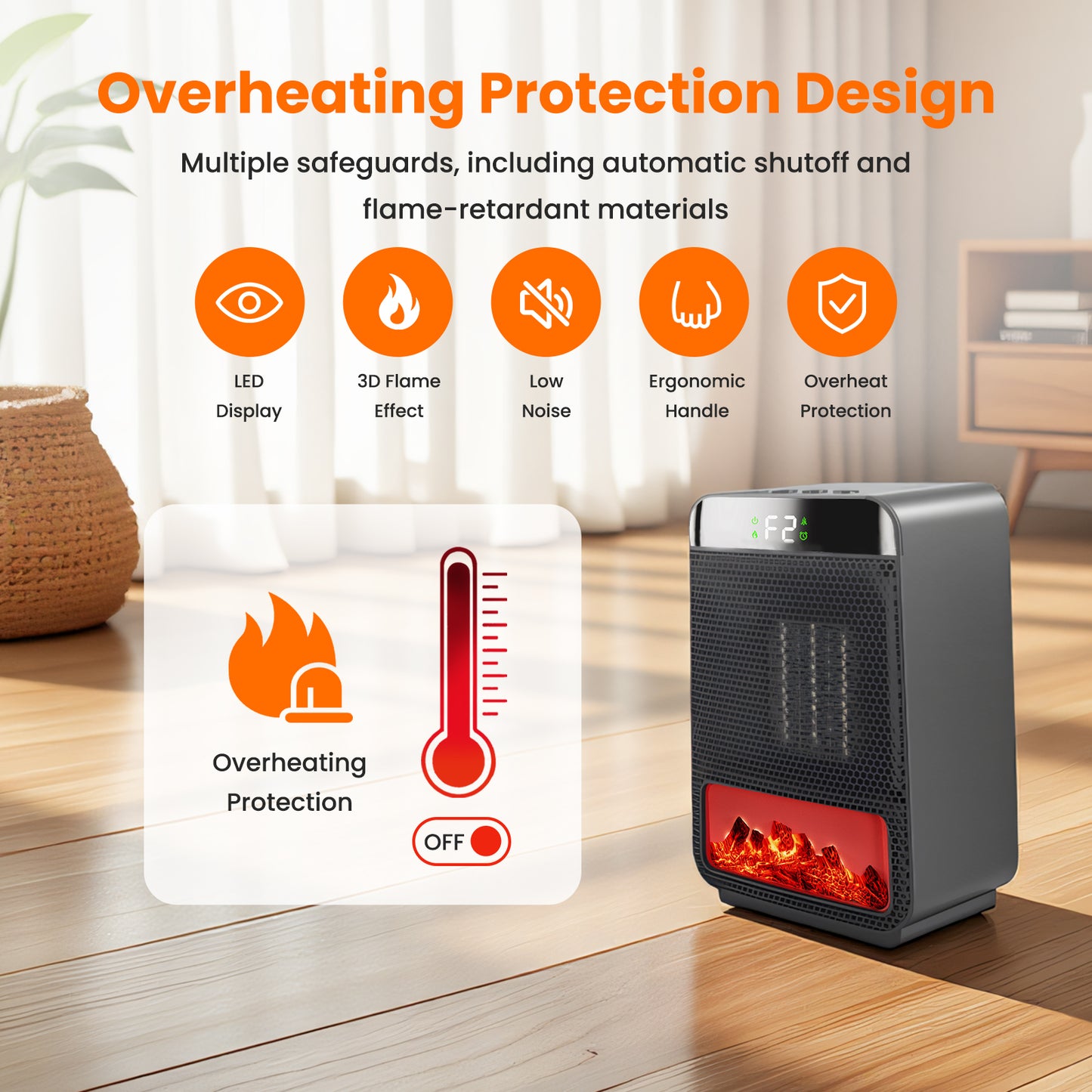 1500W Electric Heater with 3D Dynamic Flame, Indoor Tabletop Heater with Safety Protection & Timer, Low-Noise Space Heater Fan for Home, Bedroom, Office