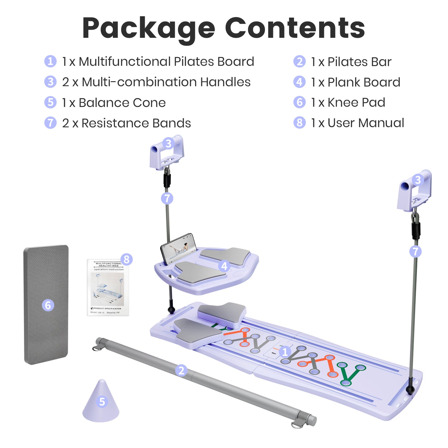RICAN 7 in 1 Foldable Pilates board, Pilates Reformer Set with 330LBS, Portable Home Pilates for Women Workout, Fitness, Exercise, Abs, Purple