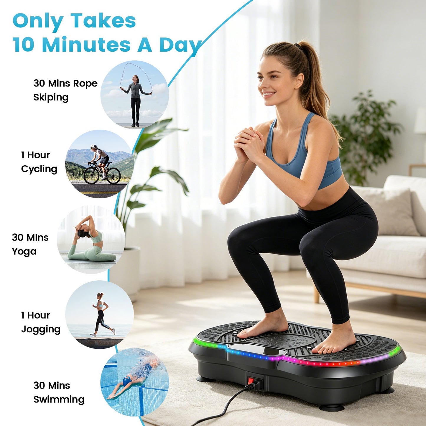 Vibration Plate with the built-in LED light strip, Full Body Shaker Platform for Home Exercise, Vibration Board with 5 Pull Ropes