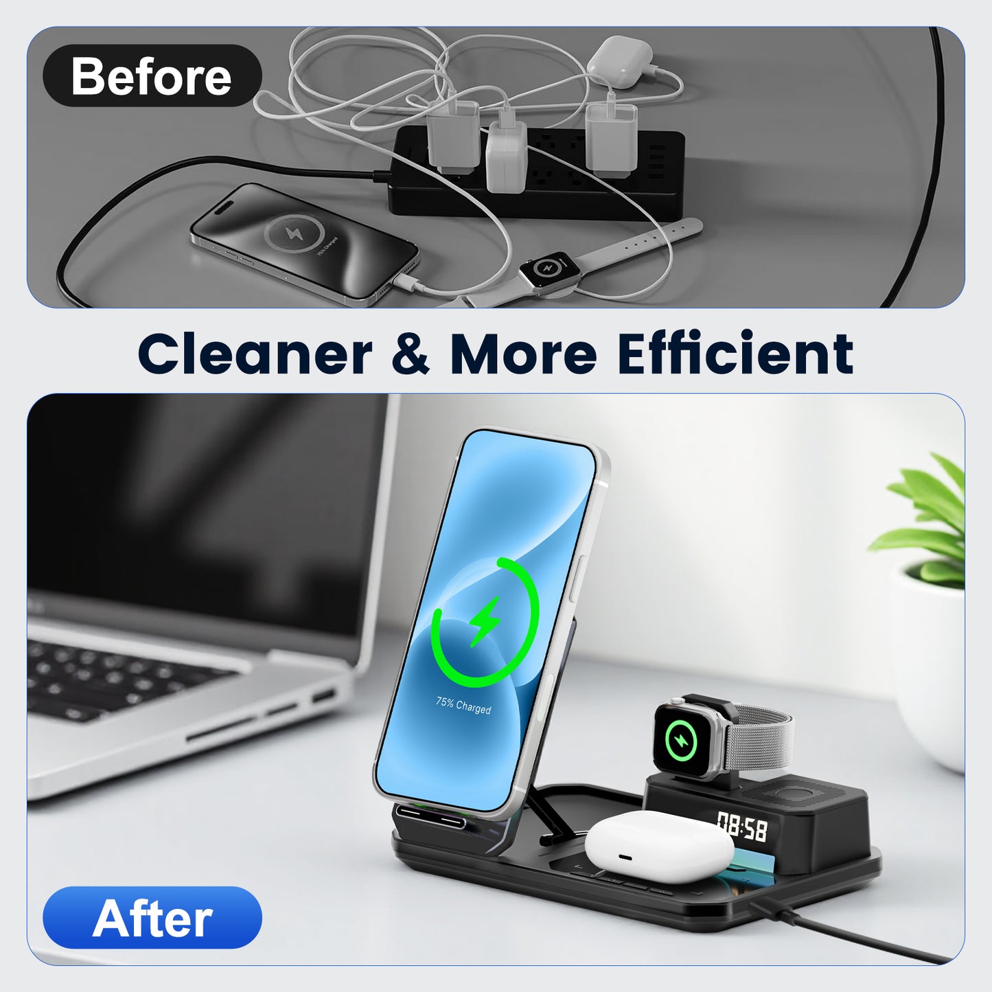 Wireless Charger for iPhone 17 16 15 14 13 12, 6 in 1 Charging Station for iWatch Series£¬for AirPods 4 3 2, with Clock, Bluetooth, Ambient Light