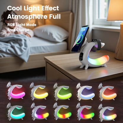 Charging Station , 6 in 1 Wireless Charger with Ambient Light and Bluetooth Speaker, 15 W Magsafe Charging Station for iPhone 11 and above series, Compatible with AirPods iWatch