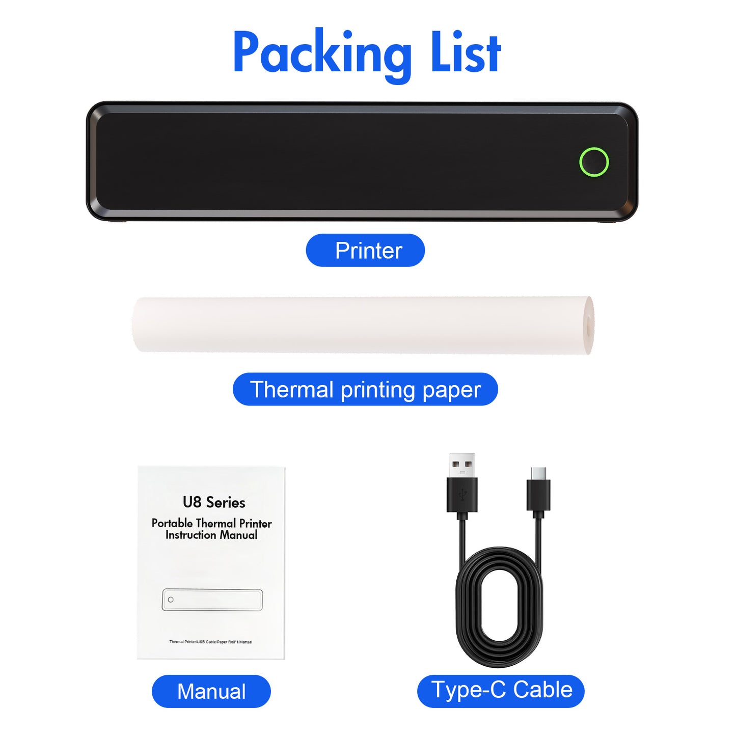 Baokaler Wireless Thermal Printer, Mobile Bluetooth Inkless Printer for Travel Home Use, Support US Letter/A4/A5/B5 Thermal Paper, Compatible with Android iOS Phone & Laptop