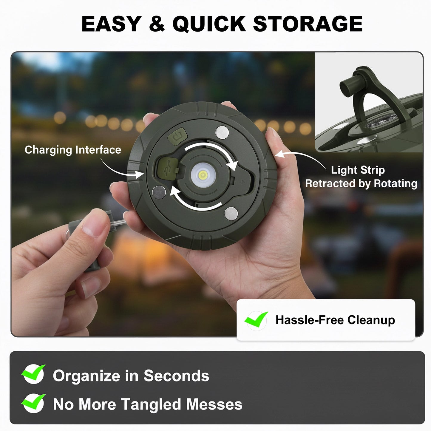 BAOKALER Camping String Lights Retractable, 32.8ft Outdoor Lanterns with 5 Lighting Modes, 2000MAH Camping Lights Rechargeable, USB, Waterproof