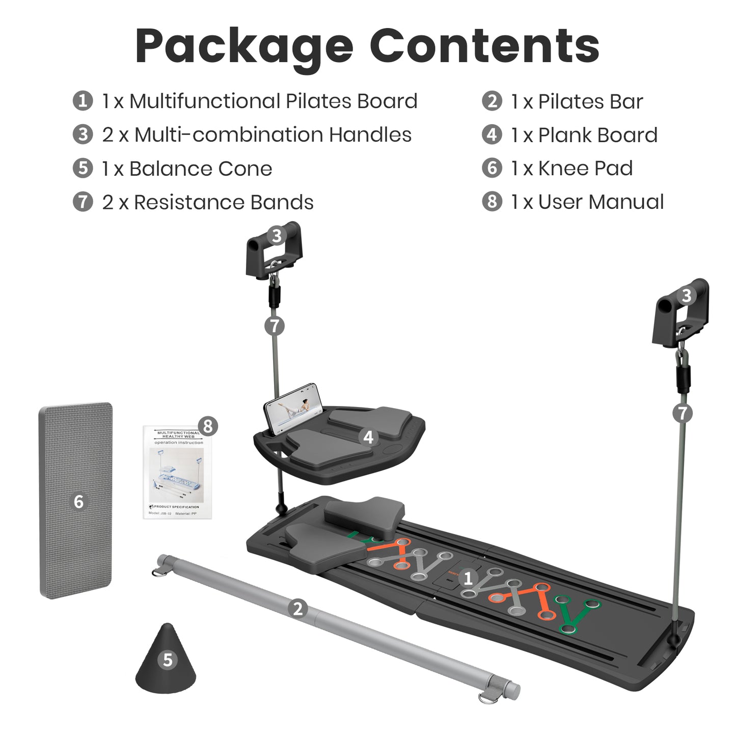 RICAN 7 in 1 Foldable Pilates board, Pilates Reformer Set with 330LBS, Portable Home Pilates for Women Workout, Fitness, Exercise, Abs, Black