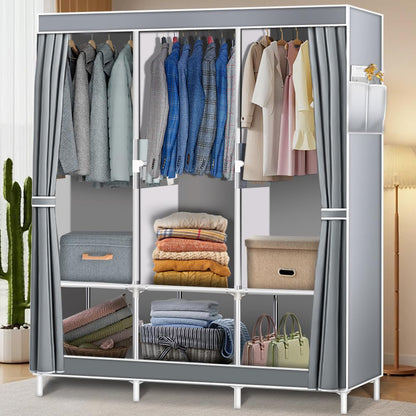 Portable Closet Organizer and Storage with 3 Hanging Rods for Hanging Clothes, 6 Wardrobe Closet Storage Shelves for Bedroom, Easy to Assemble, Grey