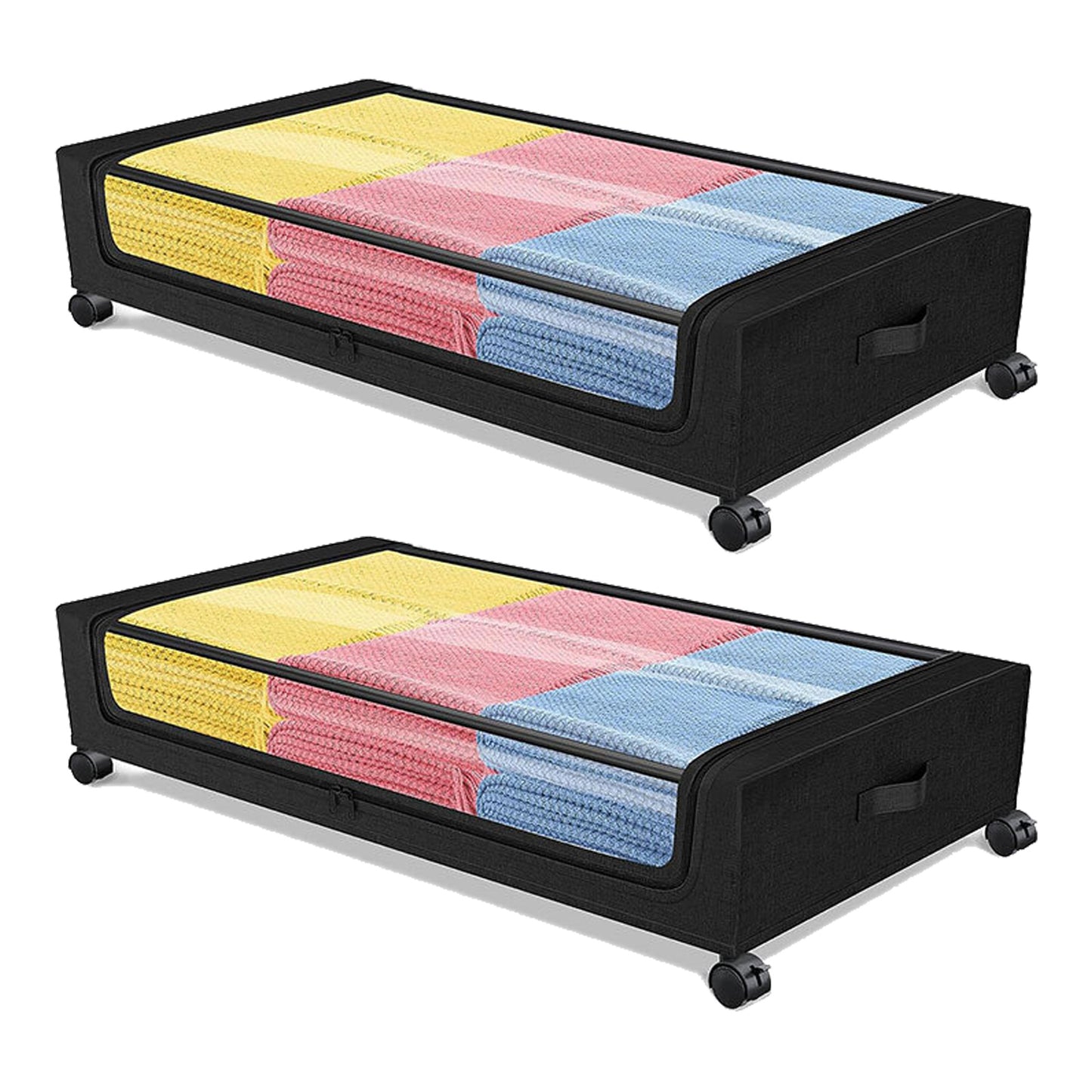 Under Bed Storage with Wheels, Under Bed Storage Containers, Under the Bed Storage Organizer with Clear Lids - Rolling Drawers & Bins for Clothes,Shoes,Toys, 2-Pack (Black)