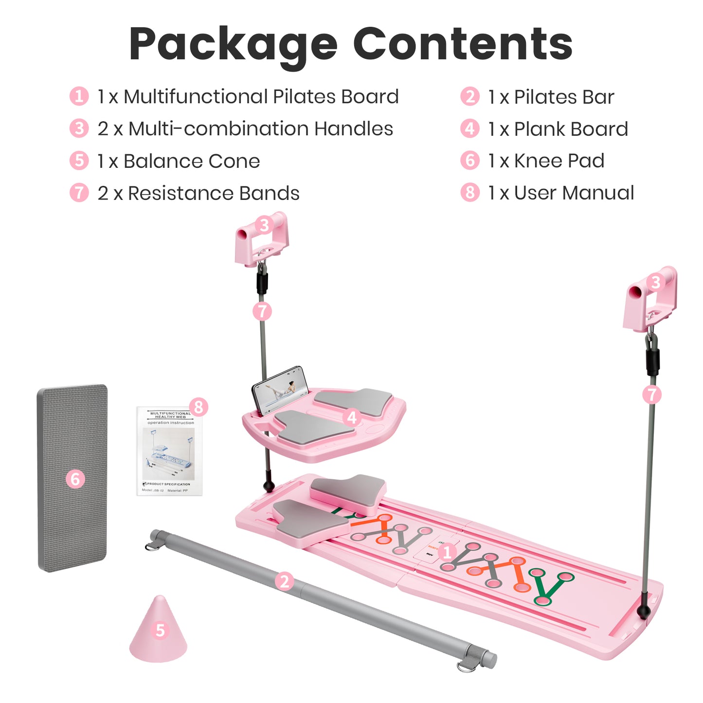 RICAN 7 in 1 Foldable Pilates board, Pilates Reformer Set with 330LBS, Portable Home Pilates for Women Workout, Fitness, Exercise, Abs, Pink