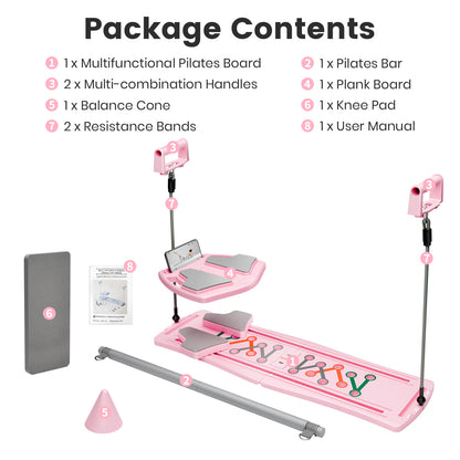 RICAN 7 in 1 Foldable Pilates board, Pilates Reformer Set with 330LBS, Portable Home Pilates for Women Workout, Fitness, Exercise, Abs, Pink