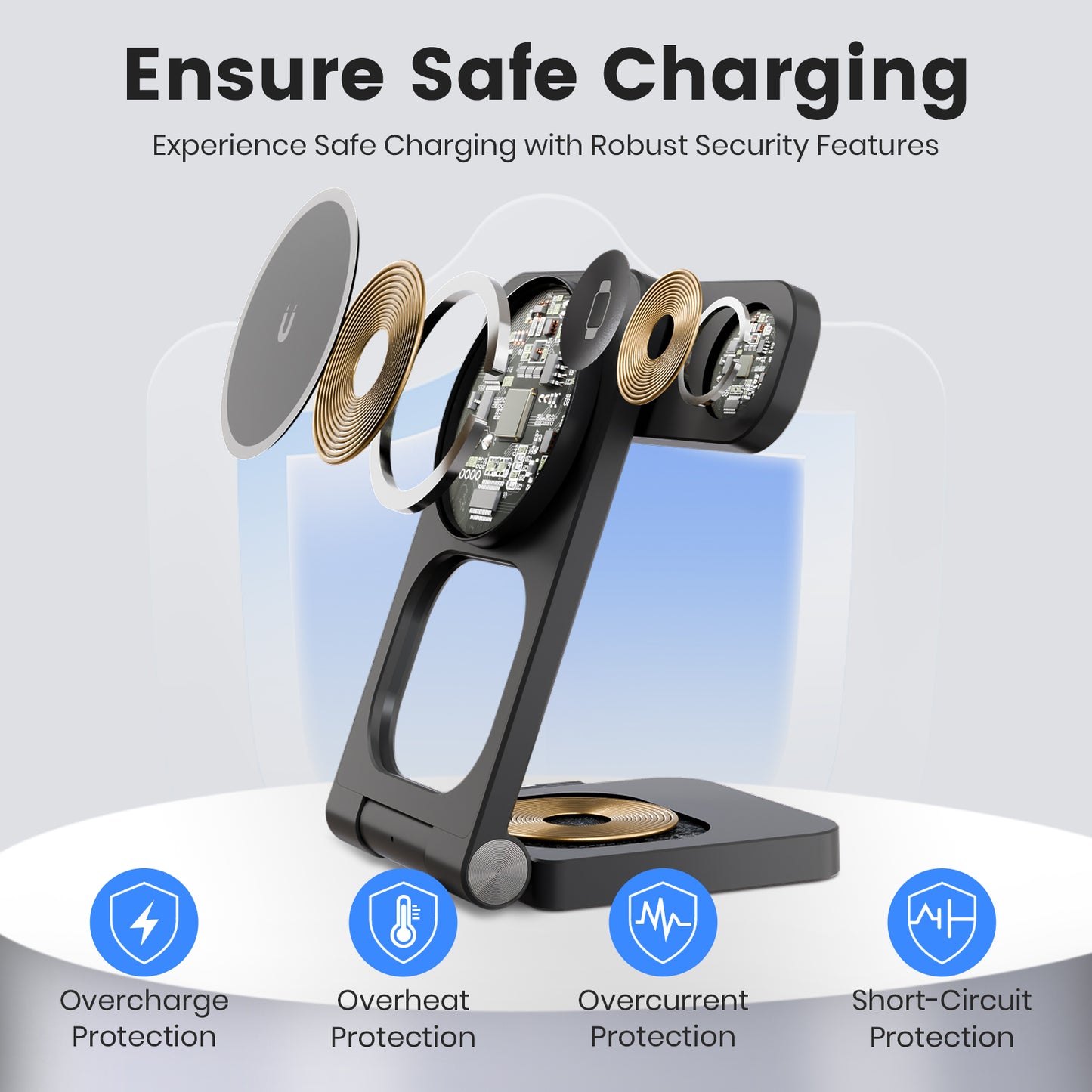 Charging Station, Magnetic Wireless Charger for iPhone 17 16 15 14 13 12, for iWatch, for AirPods 4 3 2, 3 in 1 Charging Pad with Foldable Design, Black