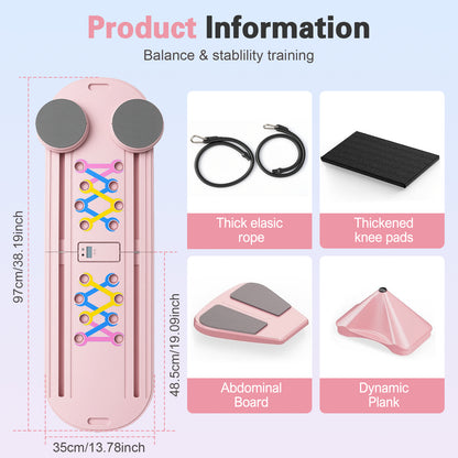 RICAN Foldable Pilates Board, Pilates Reformer Set, 15-in-1 Multifunctional Abdominal Board, Adjustable Push-Up Handles, Full Body Workout Equipment for Home, Pink