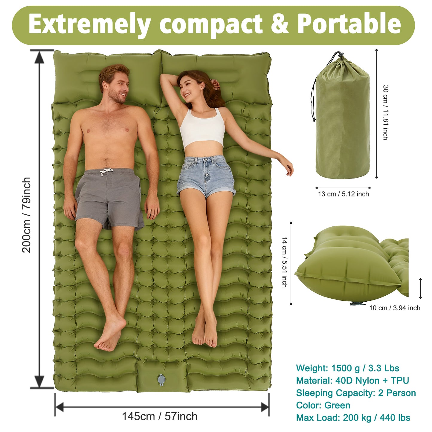 Rican Double Camping Sleeping Pad, Inflatable Double Sleeping Pad, Self Inflating 4" Sleeping Mat with Pillow Built-in Foot Pump, Portable Camping Mat for Backpacking, Hiking, Traveling, Tent