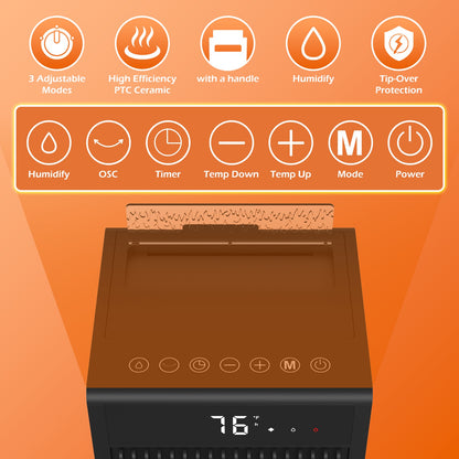 1500W Portable Space Heater for Inside with Humidifier, 3 Heating Modes Ceramic Heating Tabletop Electric Heater for Indoor Use with 180° Oscillation and 12-Hour Timer for Bedroom Office Home