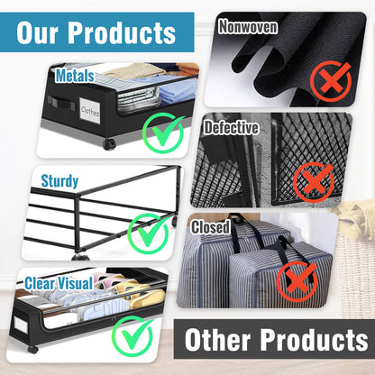 Under Bed Storage with Wheels, Under Bed Storage Containers, Under the Bed Storage Organizer with Clear Lids - Rolling Drawers & Bins for Clothes,Shoes,Toys, 2-Pack (Black)