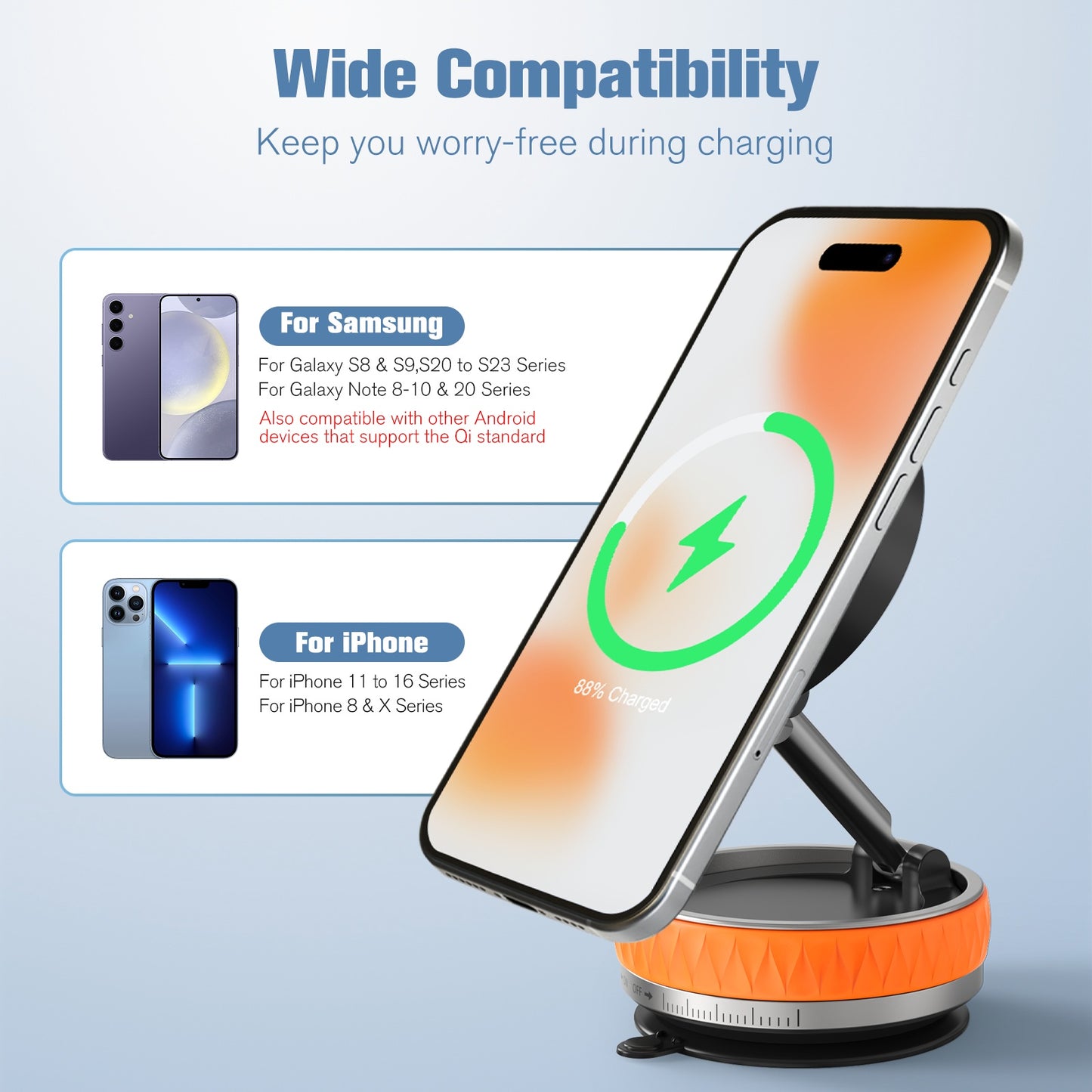 Wireless Car Charger, Ultra Magnetic Phone Holder for Car Dashboard, 15W Charging, Cell Phone Holder Charger, Car Accessories for iPhone 17 16 15 14 13 12 (Orange)