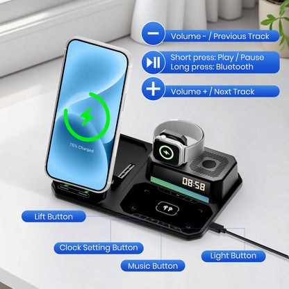 Wireless Charger for iPhone 17 16 15 14 13 12, 6 in 1 Charging Station for iWatch Series£¬for AirPods 4 3 2, with Clock, Bluetooth, Ambient Light