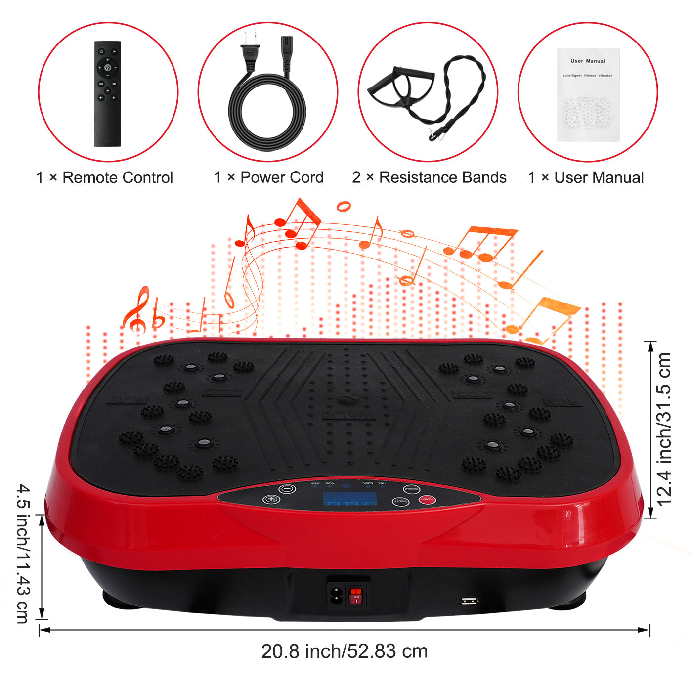 RICAN Vibration Plate Exercise Machine, Vibrating Lymphatic Drainage Shaking Board, Full Body Workout Platform with Loop Bands & Remote Control for Weight Loss Fat Burner, Red
