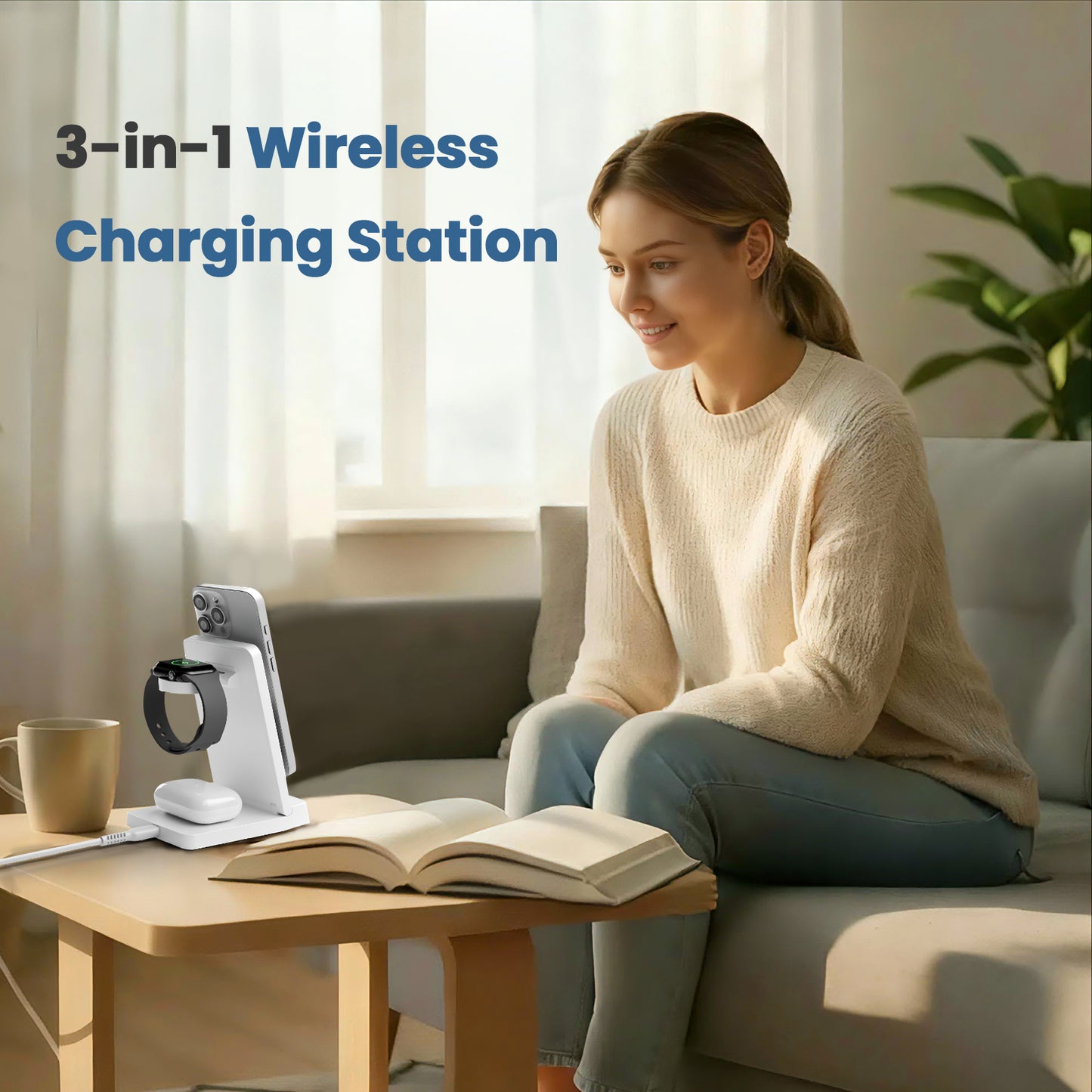 Wireless Charger, 3 in 1 Charging Station for iPhone 17 16 15 14 13 12, for iWatch, for AirPods 4 3 2, 15W Magnetic Charging Pad with Foldable Design, White