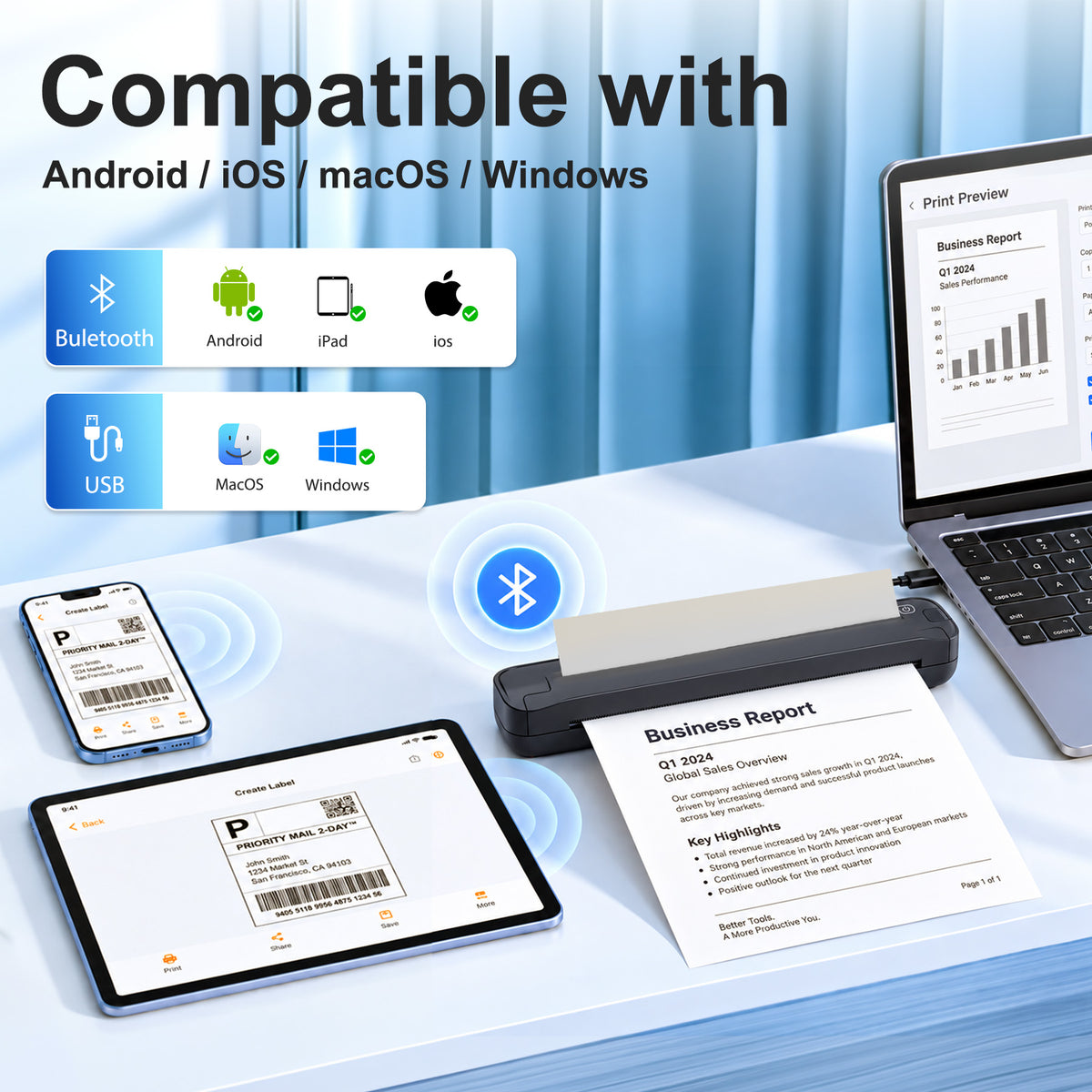 BAOKALER Thermal Printer for Travel, Inkless Portable Wireless Printer US Letter 8.5 inch & A4, Bluetooth for iOS Android Phones, USB for Windows Mac Laptops, Home Office School
