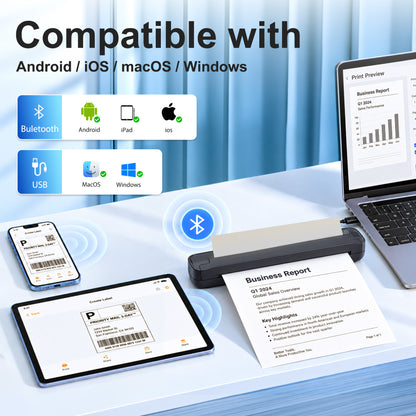 BAOKALER Thermal Printer for Travel, Inkless Portable Wireless Printer US Letter 8.5 inch & A4, Bluetooth for iOS Android Phones, USB for Windows Mac Laptops, Home Office School