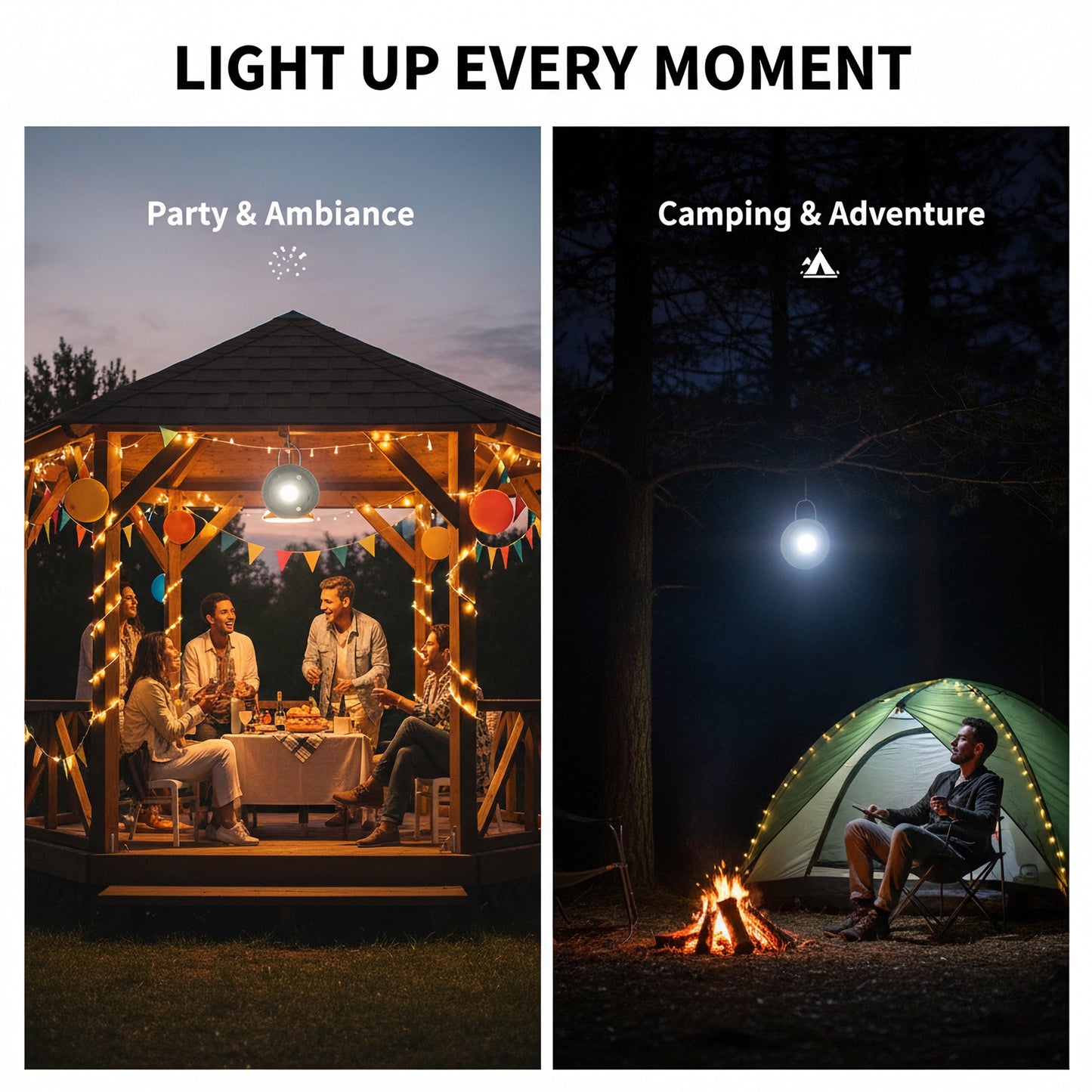 BAOKALER 2 Pack Camping String Lights Retractable, 32.8ft Outdoor Camping Lanterns with 5 Lighting Modes, 2000MAH Camping Lights Rechargeable, USB, Waterproof