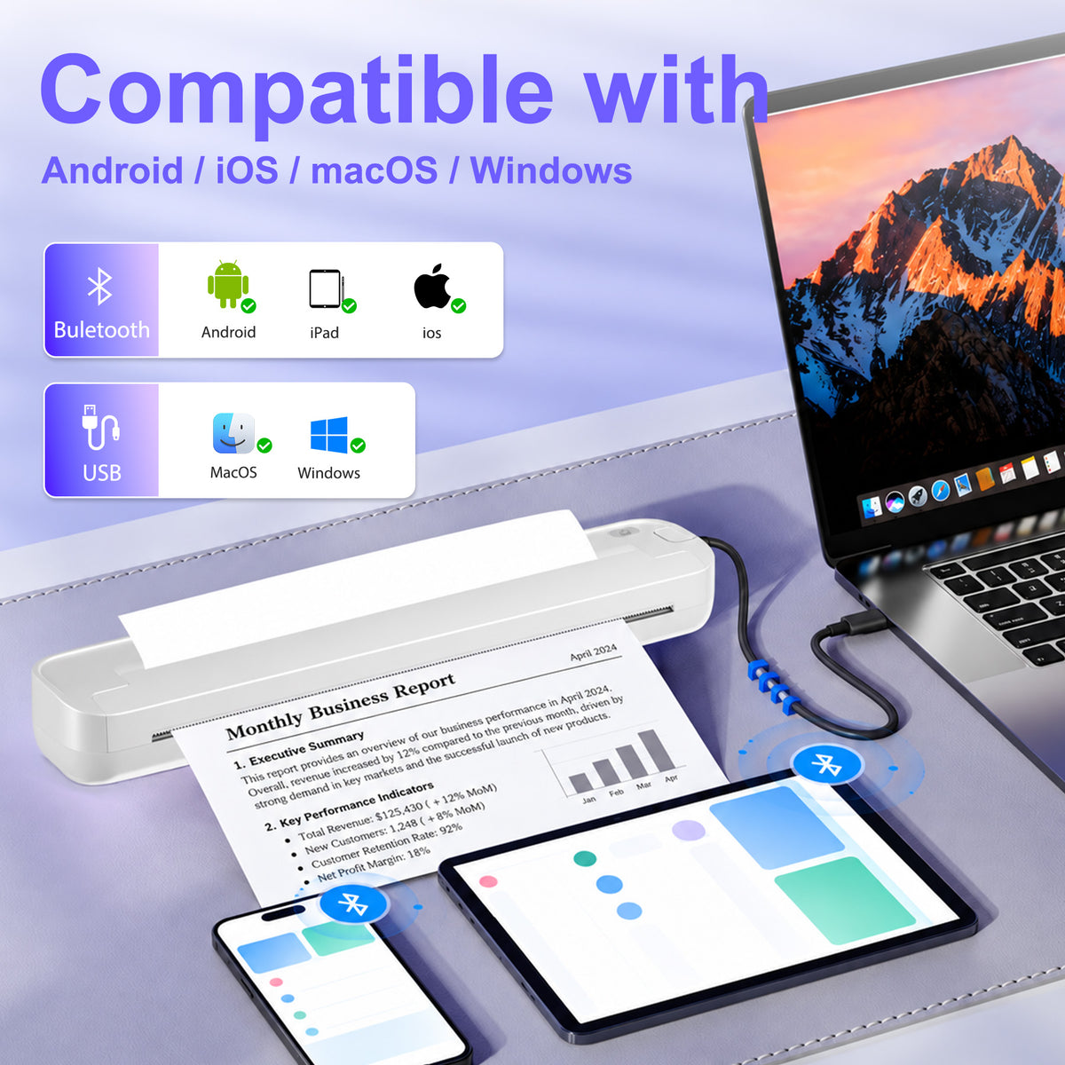 BAOKALER Portable Thermal Printer, Wireless Bluetooth Inkless for US Letter & A4, 203DPI Compact Travel Printer Compatible with iOS Android Laptop for Home Office School