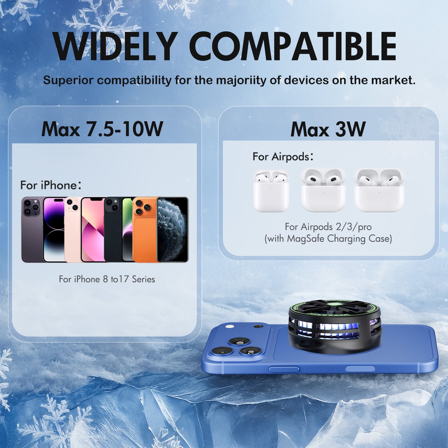 Wireless Charger, Wireless Cooling Charger for iPhone 17 16 15 14 13 12, for AirPods 4 3 2, 10W Wireless Charging Pad with Built-in Fan, Phone Cooler for Gaming, Black