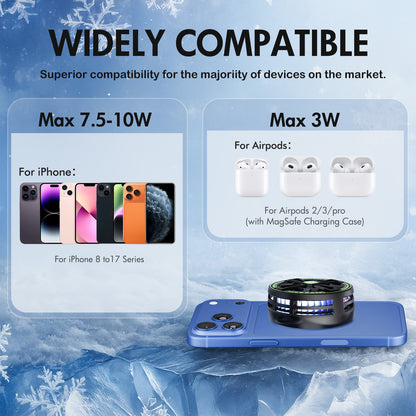 Wireless Charger, Wireless Cooling Charger for iPhone 17 16 15 14 13 12, for AirPods 4 3 2, 10W Wireless Charging Pad with Built-in Fan, Phone Cooler for Gaming, Black