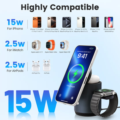 Wireless Charger for iPhone, Charging Station for iPhone 17 16 15 14 13 12, for AirPods 4 3 2, for iWatch Series, with Adjustable Night Light, Black