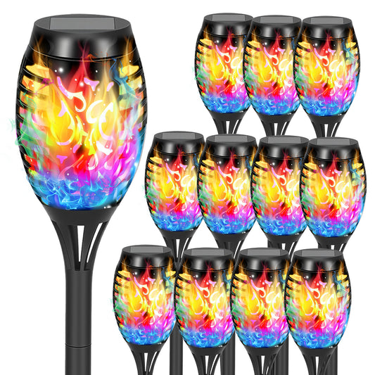 TopZoo Outdoor Solar Torch Lights, Flickering Flame Garden Stake Lights Solar Powered, Multi Colored Outdoor Decor, Waterproof Outside Yard Decor, Halloween Christmas Decor, 12 Packs