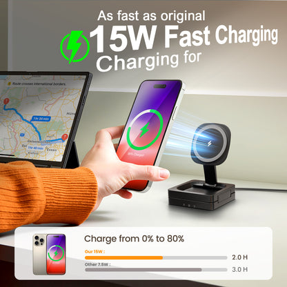 Foldable Magnetic Wireless Charger for iPhone Airpods iWatch: 3 in 1 Charging Station For Apple Multiple Devices - Travel Charging Pad Dock Compatible with Apple 12 and above series