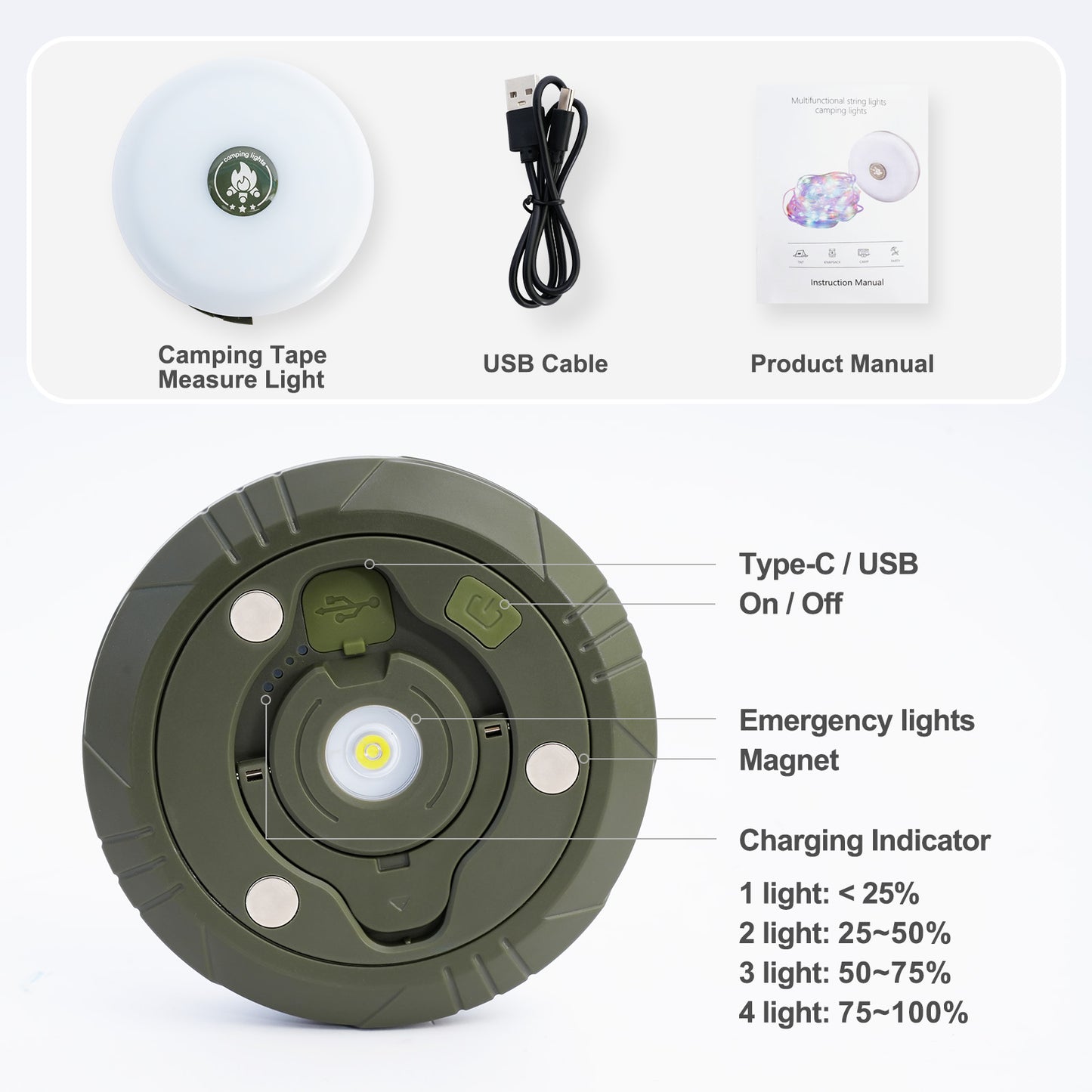 BAOKALER Camping String Lights Retractable, 32.8ft Outdoor Lanterns with 5 Lighting Modes, 2000MAH Camping Lights Rechargeable, USB, Waterproof