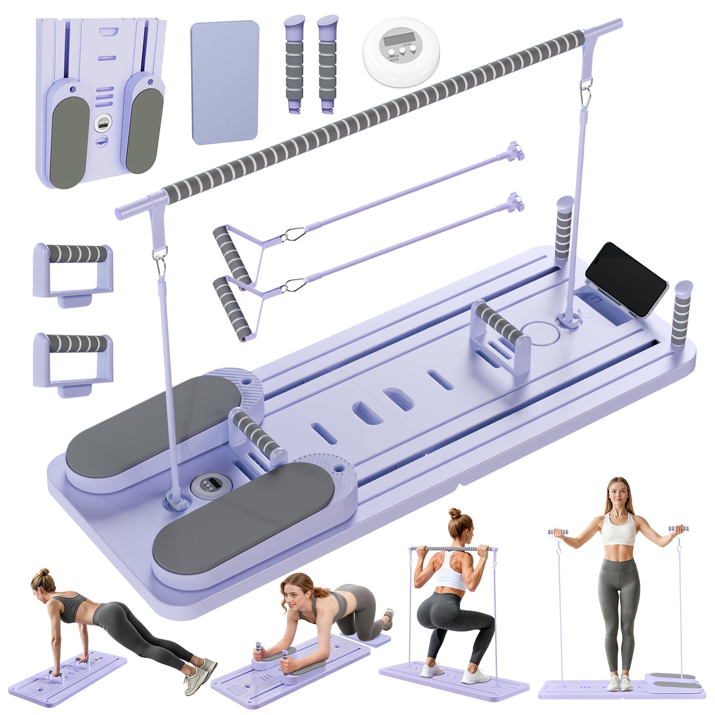 Rican Pilates Board, Portable Ab Board, Multifunctional Abdominal Board, Foldable Pilates Reformer Set, Sliding Equipment for Home with Timer, Purple