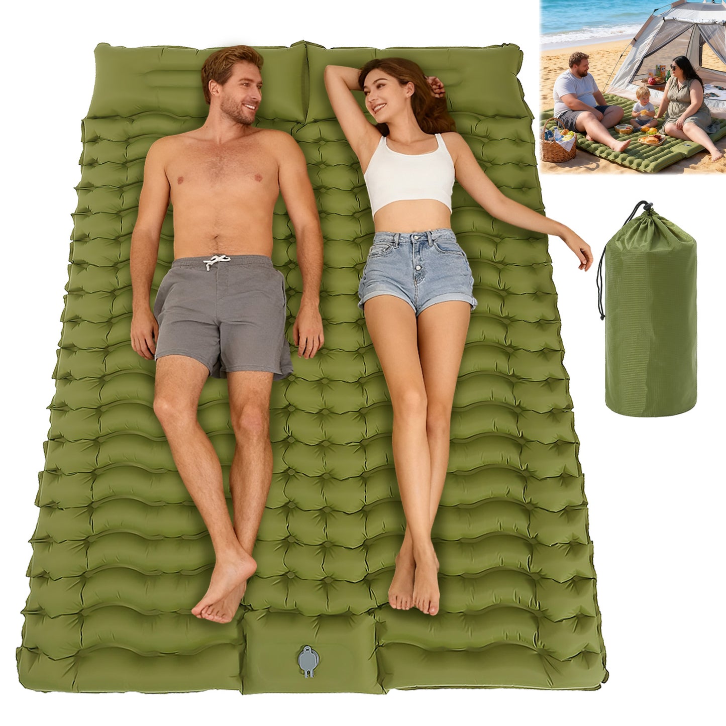 Rican Double Camping Sleeping Pad, Inflatable Double Sleeping Pad, Self Inflating 4" Sleeping Mat with Pillow Built-in Foot Pump, Portable Camping Mat for Backpacking, Hiking, Traveling, Tent