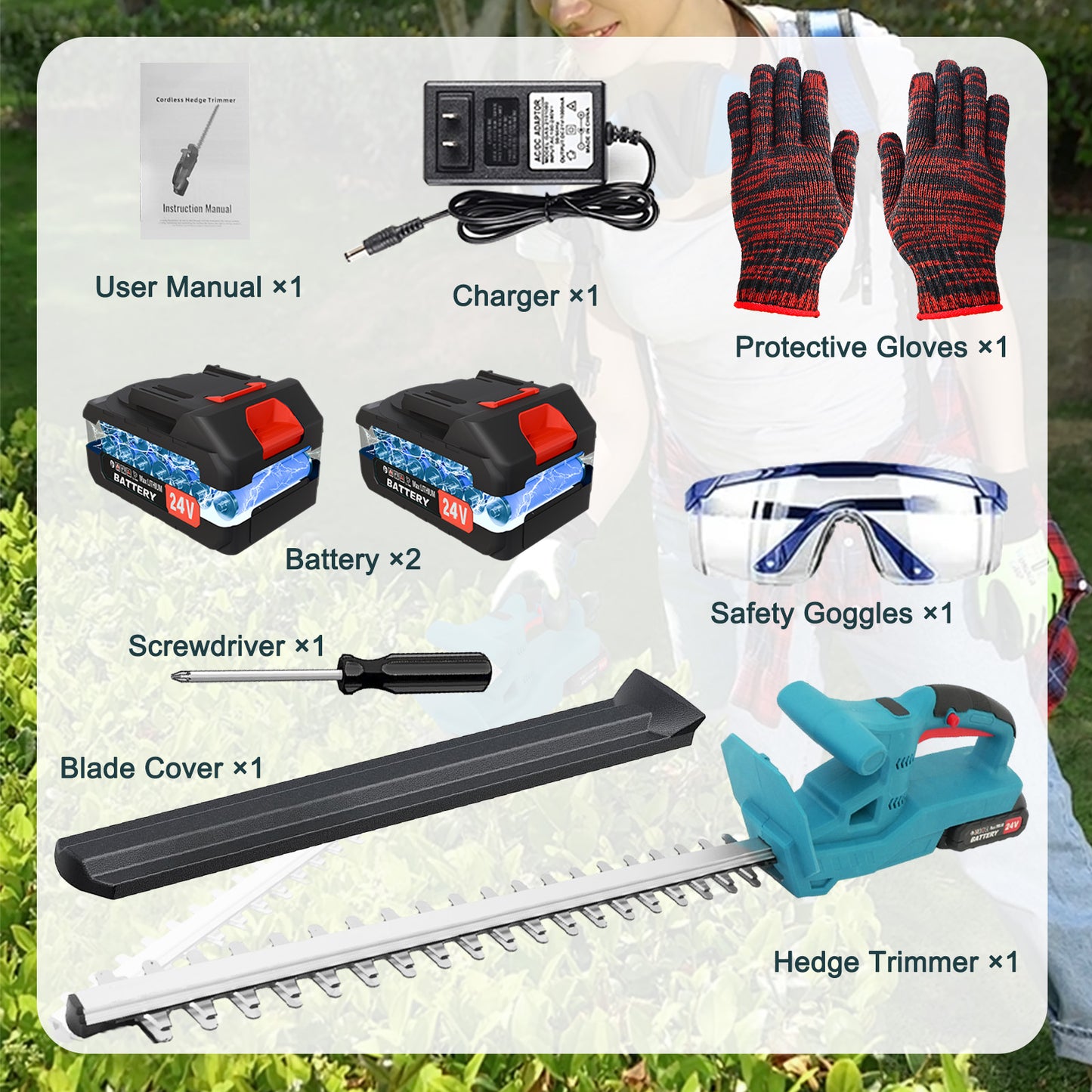 BAOKALER 20" Cordless Hedge Trimmer,24V Rechargeable Hedge Cutter with 20" Double Action Blade and 2PCS 2000MAH Batteries, Lightweight Grass Shrub Trimmer, Blue