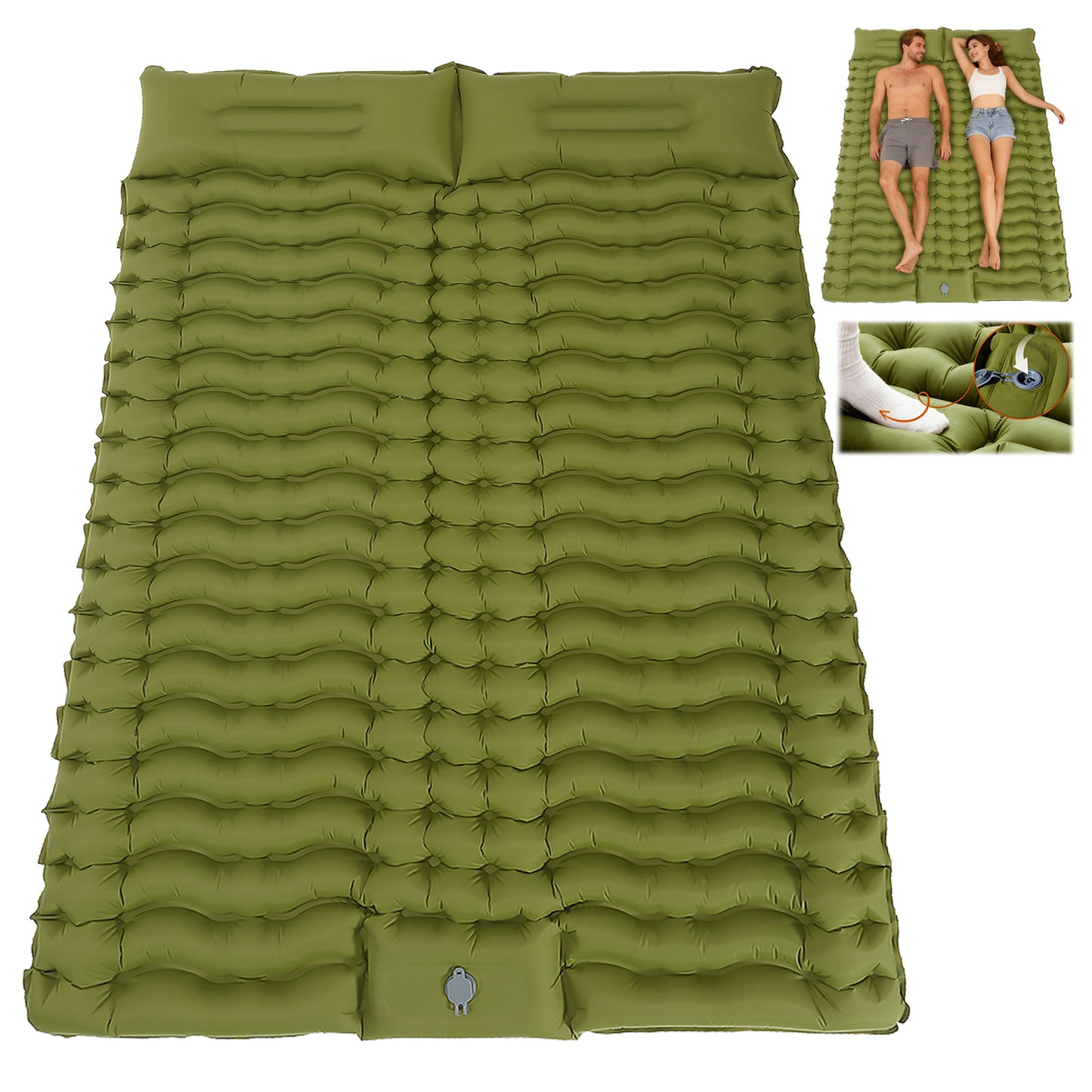 Rican Double Camping Sleeping Pad, Inflatable Double Sleeping Pad, Self Inflating 4" Sleeping Mat with Pillow Built-in Foot Pump, Portable Camping Mat for Backpacking, Hiking, Traveling, Tent