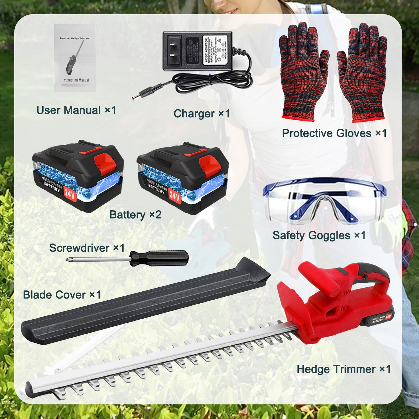 BAOKALER 20" Cordless Hedge Trimmer,24V Rechargeable Hedge Cutter with 20" Double Action Blade and 2PCS 2000MAH Batteries, Lightweight Grass Shrub Trimmer, Red