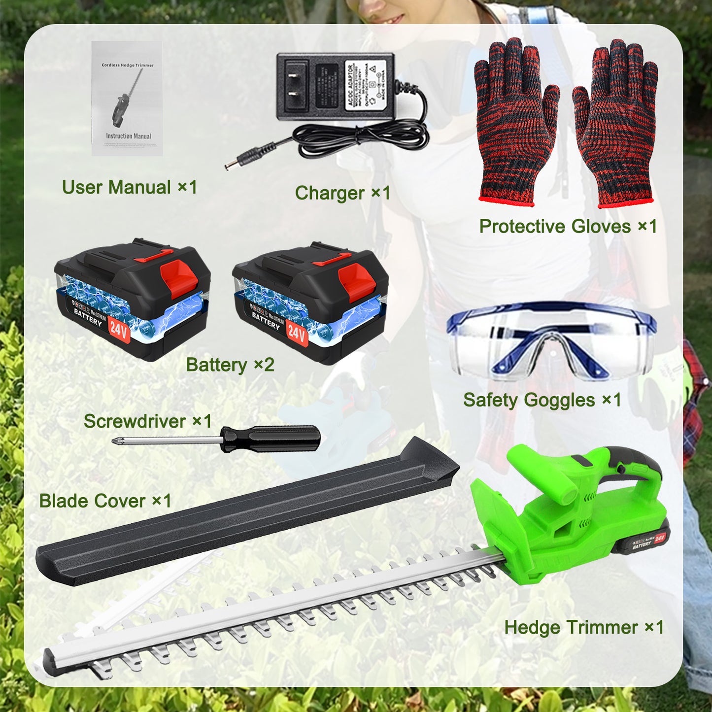 BAOKALER 20" Cordless Hedge Trimmer,24V Rechargeable Hedge Cutter with 20" Double Action Blade and 2PCS 2000MAH Batteries, Lightweight Grass Shrub Trimmer, Green