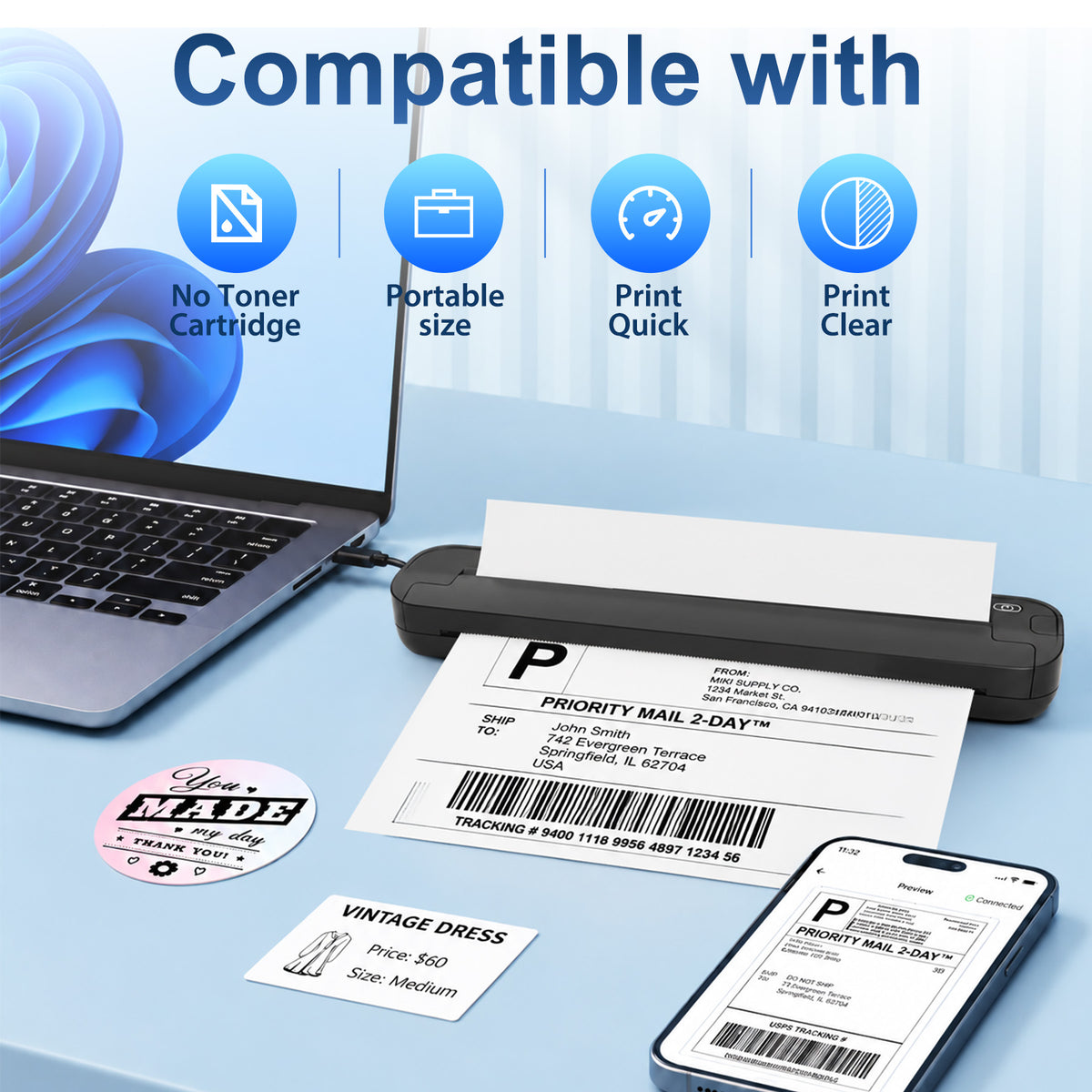 BAOKALER Thermal Printer for Travel, Inkless Portable Wireless Printer US Letter 8.5 inch & A4, Bluetooth for iOS Android Phones, USB for Windows Mac Laptops, Home Office School