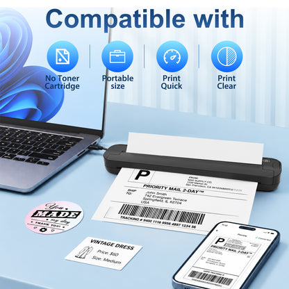 BAOKALER Thermal Printer for Travel, Inkless Portable Wireless Printer US Letter 8.5 inch & A4, Bluetooth for iOS Android Phones, USB for Windows Mac Laptops, Home Office School