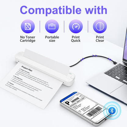 BAOKALER Portable Thermal Printer, Wireless Bluetooth Inkless for US Letter & A4, 203DPI Compact Travel Printer Compatible with iOS Android Laptop for Home Office School