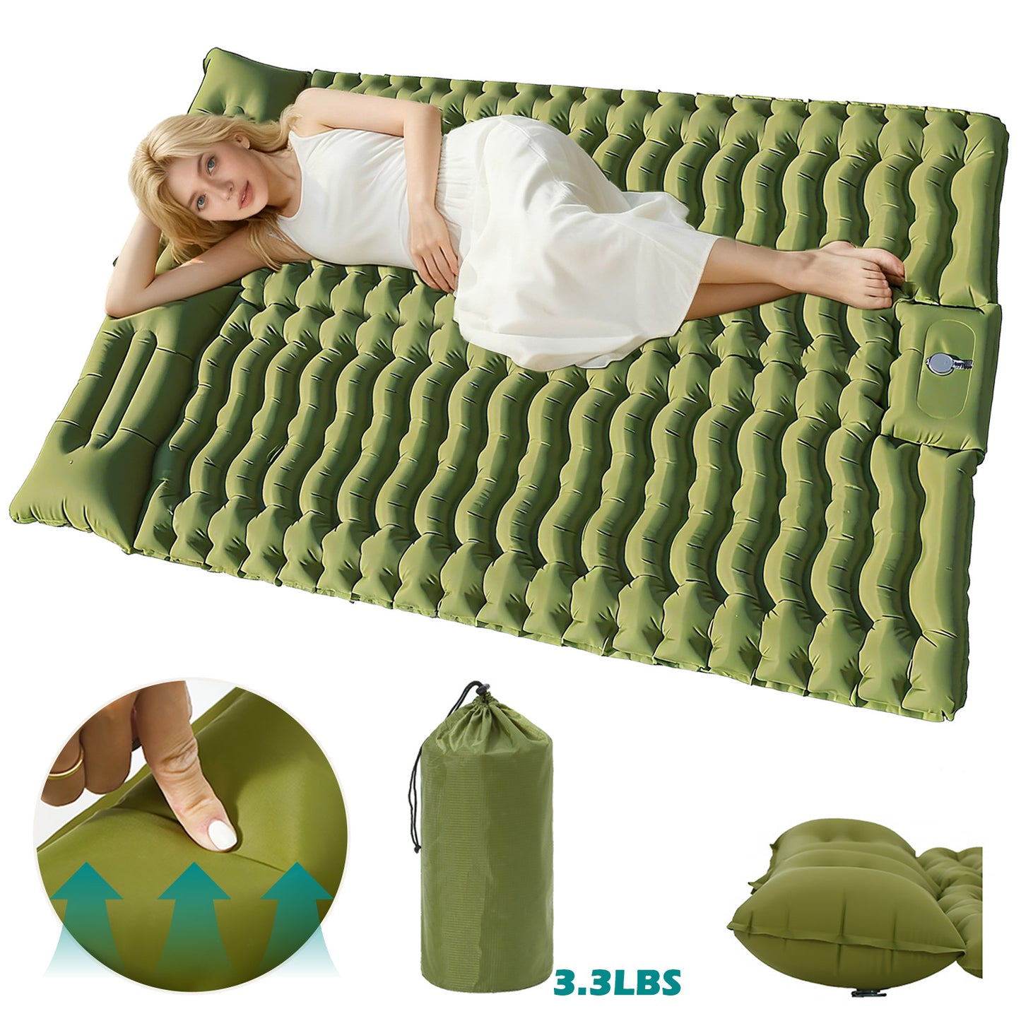 Rican Double Camping Sleeping Pad, Inflatable Double Sleeping Pad, Self Inflating 4" Sleeping Mat with Pillow Built-in Foot Pump, Portable Camping Mat for Backpacking, Hiking, Traveling, Tent