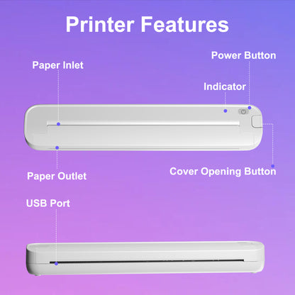 BAOKALER Portable Thermal Printer, Wireless Bluetooth Inkless for US Letter & A4, 203DPI Compact Travel Printer Compatible with iOS Android Laptop for Home Office School
