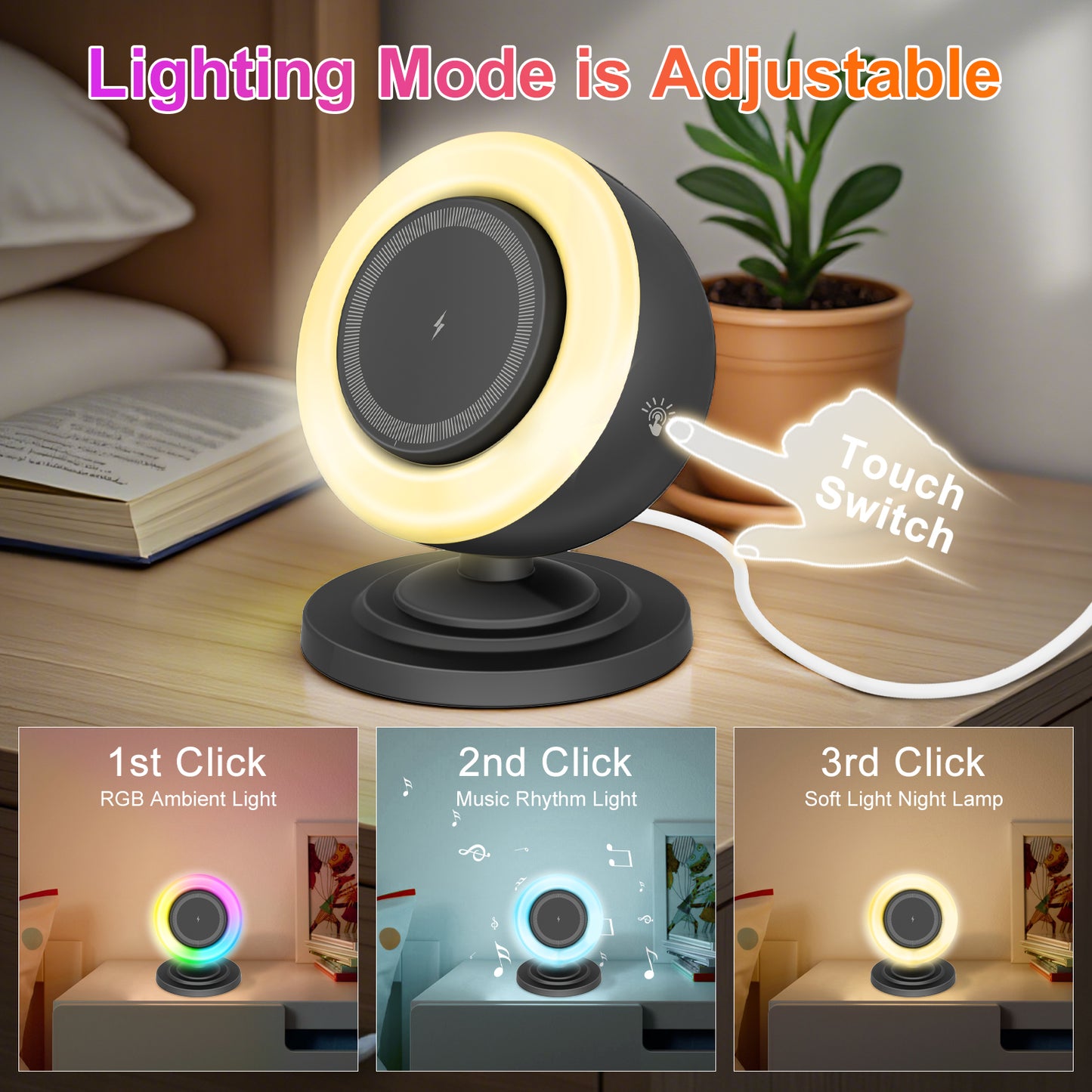 Wireless Charger for iPhone Samsung Huawei,Magnetic Charging Station with Bluetooth speaker and RGB light, Travel Charging Station Compatible with Apple 12 and above series, Black