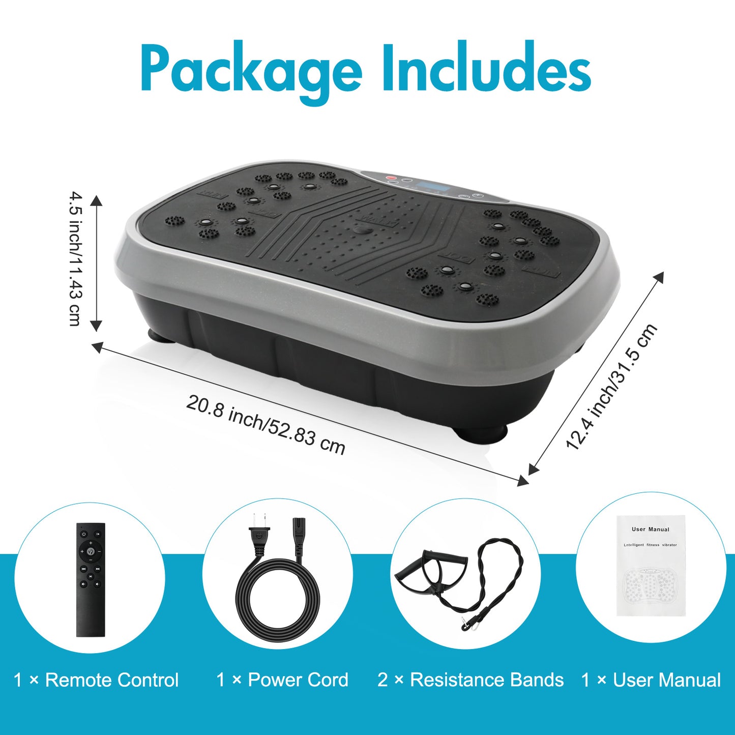 Vibration Plate Exercise Machine, Full Body Workout Machine for Weight Loss, Vibrating Board 300LBS Capacity, Vibration Platform with Resistance Bands, Remote Control, Silver-White