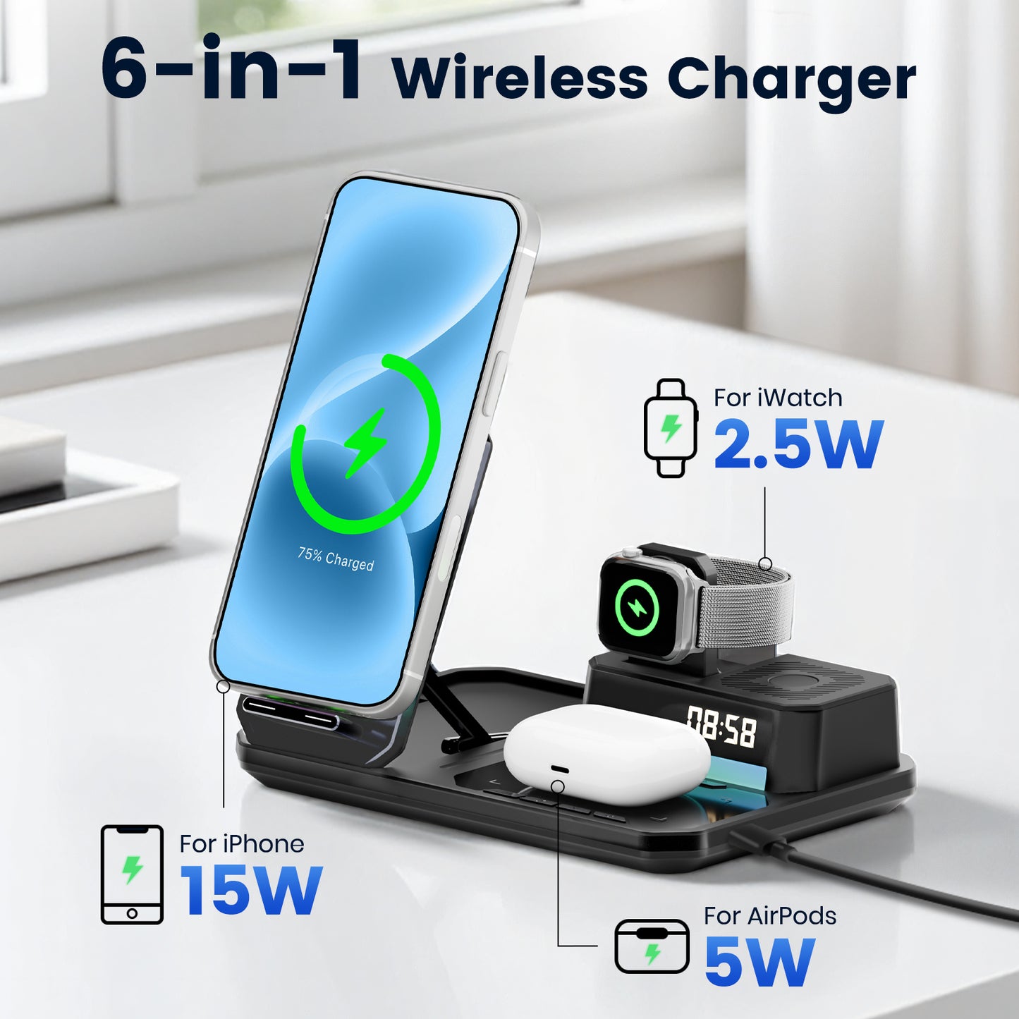 Wireless Charger for iPhone 17 16 15 14 13 12, 6 in 1 Charging Station for iWatch Series£¬for AirPods 4 3 2, with Clock, Bluetooth, Ambient Light