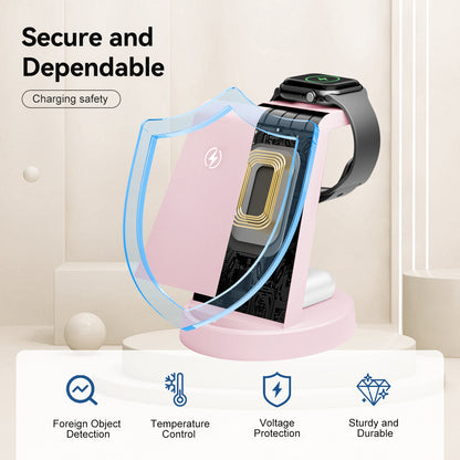 Wireless Charger, Charging Station, 3 in 1 Charger Stand for iPhone 17 16 15 14 13 12, Compatible with iWatch 11 10 9 8 7 6 5 4 3 2 SE Ultra Series, for Airpods 4 3 2 Pro, Pink