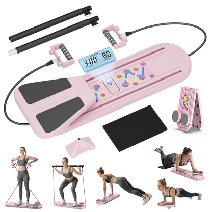 RICAN Foldable Pilates Board, Pilates Reformer Set, 15-in-1 Multifunctional Abdominal Board, Adjustable Push-Up Handles, Full Body Workout Equipment for Home, Pink