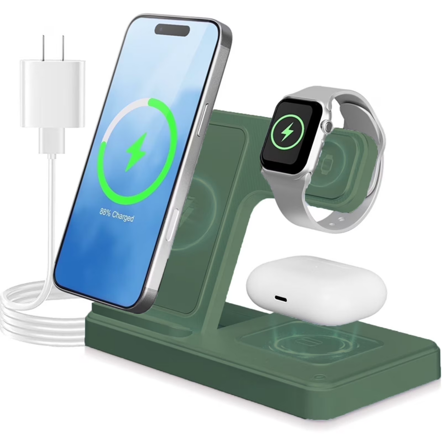 Wireless Charger,3 in 1 Charging Station for iPhone,Fast Wireless Charger Stand Compatible for Apple Watch,iPhone 17 16 15 14 13 12 11 Pro Max Mini Plus SE X XS 8 Plus & AirPods,Dark Green