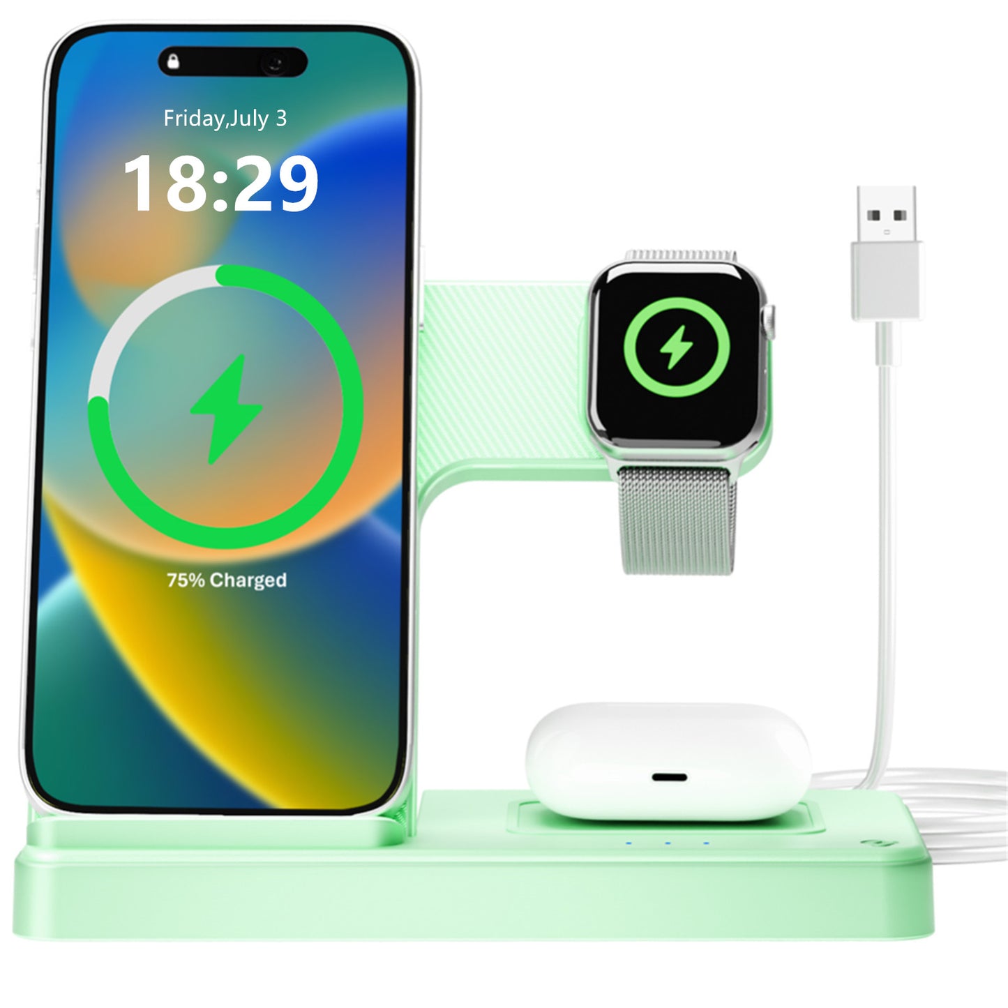 Wireless Charger for iPhone,3 in 1 Wireless Charging Station for iPhone 17 16 15 14 13 12 11 Pro Max Plus XS XR X 8,for iWatch 9 8 7 6 5 4 3 2 SE,for AirPods 3 2 Pro,Light Green,No Adapter